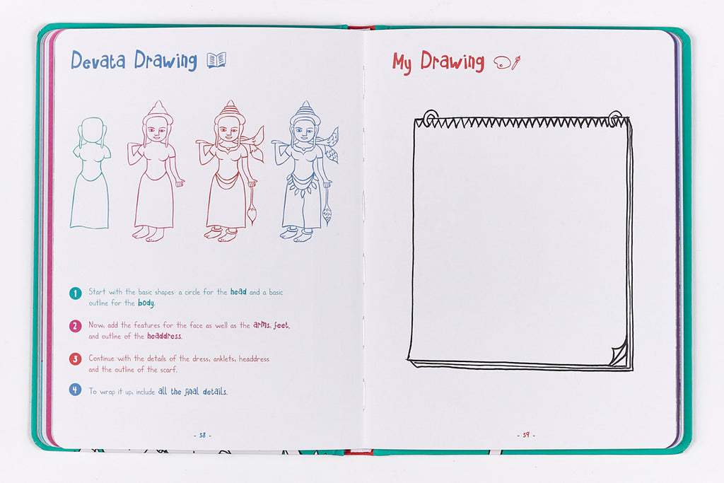 Travel book for kids in Cambodia - step by step drawing of devata
